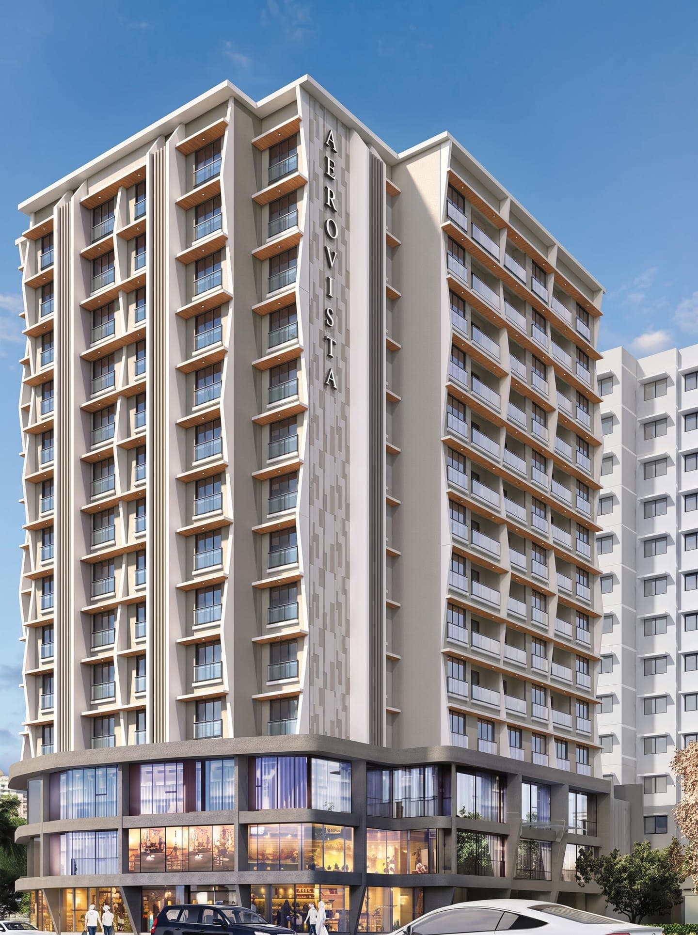 Aerovista tower with ground-floor shops in Andheri East, Mumbai — architectural render